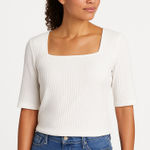 Evereve  White Ribbed Square Neckline Half Sleeve Modern Top‎ Size Large Photo 0