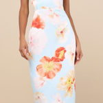 Lulus NWT  Oriana Light Blue Floral Satin Strapless Midi Dress Cocktail Formal M Photo 0