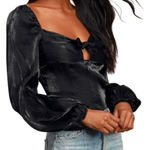 Lulus  Womens Chic Perspective Black Satin Tie-Front Puff Sleeve Top Size L Photo 0