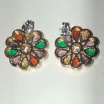 Gold Tone Multicolor Rhinestone Flower Stud Boho Earrings Red Photo 2