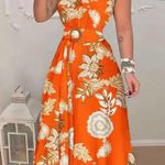 Chicme Belted Maxi Dress Womens XL Orange Floral Lightweight Resort Vacation Photo 0