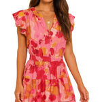 PINCH Women's Pink Gold Watercolor Ruffle Sleeve Tiered midi Dress Cinched Waist Photo 0