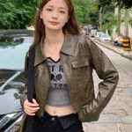 Cropped Brown Faux Leather Jacket with Front Pockets Size L Photo 0