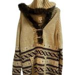 Kenji Handknit Wool Blend Hooded Fur Sweater Women's Large Open Cable Knit Tan Photo 0