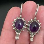 Vintage Handcrafted SU 925 Sterling Silver Amethyst Oval Cabochon Drop Earrings Purple Photo 11