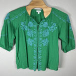 J Jill Linen Blend Sz Medium Kelly Green Blue Embroidered Boho Peasant Top Shirt Photo 0
