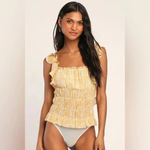 Lulus  Sweetest Frills Yellow Print Tie-Strap
Smocked Bodysuit Photo 2