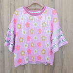 Simply Southern Womens Preppy Sequin Daisy Top Size L Pink Floral Short Sleeve Photo 0