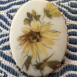 Vintage Acrylic Floral Porcelain White Yellow DaisyFlower Brooch Gold Frame Oval Photo 0
