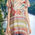 Johnny Was Tulum Tunic Silk Scallop Hem Geometric Floral Short Sleeve Photo 0