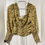 ASTR NWT  the label Square Neck Ruched Top ivory mustard yellow Floral blouse S Photo 2
