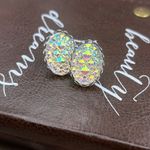 Vintage Iridescent Oval Statement Earrings Resin Crystal Studs White Photo 4