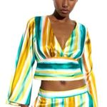 ZARA  Striped Satin Blouse Cropped Vneck Yellow Green S Photo 0