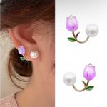 Trendy Elegant Purple Tulip Flower‎ Pearl Stud Earrings, Women's Stud Earrings Gold Photo 8