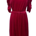 Vintage 80s Velvet Dress Belted A Line Ruched Puff Sleeve Hot Pink Womens XS Photo 0