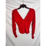 AQUA  Red Long Sleeve Plunge Top Ruched‎ Blouse V Neck Fitted Size S Photo 3