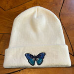 NEW Butterfly Embroidered Beanie Hat Ski Snow Winter Yoga Peace White Blue Photo 0