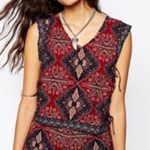 Free People Hi-Low Boho Festival Crop Top Red Geometric Lace Up Sides Photo 0