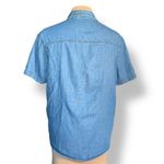 Vintage 90s Embroidered Chambray Denim Short Sleeve Button Up Top Plaid Picnic Blue Size M Photo 4