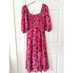 Olivia James The Label Pink Bridget Midi Smocked Puff Sleeve Dress Tile Boho XS Photo 1