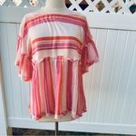 THML Pink Orange Striped Peasant Top XS Ruffle Flutter Sleeve Cotton Boho Peplum Photo 3