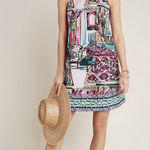 Anthropologie Sleeveless A-Line Dress Art Scene Print Pink Blue Size Medium Photo 0