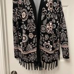 Isaac Mizrahi  Live Black & Pink Floral Open-Front Sweater w/Fringe Photo 1
