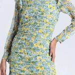 Veronica Beard  Ruched Floral Silk Chiffon Mini Long Sleeve Dress 6 Yellow Blue Photo 0