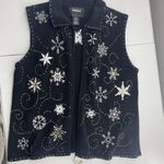 Vtg Size PM Petite Sweater Vest Snowflakes Full Zip Up Black Christmas Woman's Photo 6