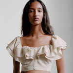 ZARA  Women Linen Blend Beige Cropped Ruffle Cottagecore Boho Peasant Top Size‎ S Photo 0