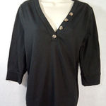 Love Story Women Blouse Xl Black V Neck Button‎ Pullover 3/4 Sleeve Photo 0