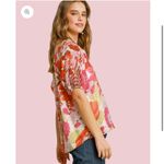 Umgee  Crimson Kissed Top Puff Sleeve Blouse Floral Flowers Pink Red Size Large Photo 1