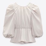 ZARA Beige Round Neck Below-The-Elbow Balloon Sleeves OpenBack Self Tie Top Sz L Photo 3