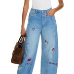 Driftwood Free People  Parker High Rise Barrel Love Notes Embroidery Jeans Sz 32 Photo 0
