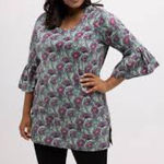 Ulla Popken Gray & Berry Floral Print 3/4 Ruffle Bell Sleeve Tunic Blouse 28/30 Photo 0
