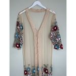 Sheer Embroidered Floral Kimono Duster S Cardigan Boho Crochet Trim Fringe Hem Tan Photo 9