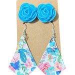Statement Earring Set Bundle Rose Studs Floral Diamond Dangle Earrings Pink Blue Blue Photo 0