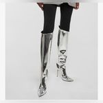 Arqa Knee Silver Metallic High Boots Women Wide Calf Stiletto Heel Zipper 8.5 39 Size undefined Photo 1