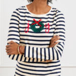 Talbots  Striped Christmas Wreath Beaded Red Velvet Crew Neck Tee Long Sleeve Sp Photo 0
