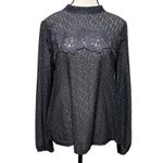 Ann Taylor LOFT Gray Lace Mosaic Floral Sheer Long Sleeve Mock Neck Blouse Top Size M Photo 2