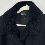 Hilary Radley Black Boiled 100% Wool Shearling Trim Lined Long Coat, Size 8, EUC Photo 3