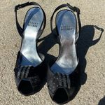 Stuart Weitzman BLACK SATIN SLINGBACK PEEP TOE HEELS WITH RHINESTONE BOW size 6 Photo 2