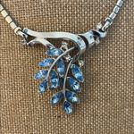 Trifari Vintage Silver Tone and Blue Rhinestone Leaf Bib Choker Necklace Photo 1