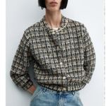 Mango  Tweed Bomber Jacket Womens sz. S Snap Buttons Cream and Navy Photo 0
