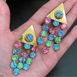 Unique Vintage  Unsigned Multicolored Stones Waterfalls Clip Statement Earrings Photo 1
