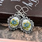 Blue Rose Cameo Earrings Stainless Steel Filigree Vintage Romantic Dangle Photo 8