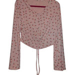 SheIn Cherry Print Pink Long Sleeve Ruched Crop Top With Adjustable Drawstring Photo 0