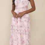 Lulus  Happily Sweet Light Pink Floral Mock Neck Backless Mid Dress Photo 0