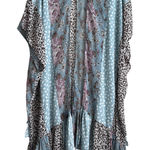 Umgee  Women Kimono Cardigan S/M Blue Mixed Print Ruffle Hem Boho Artsy Patchwork Photo 0