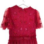 Ivy City Co. Embroidered Tulle Midi Red Floral Beaded Short Sleeve Size XS Photo 9